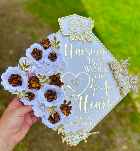Custom Personalized Heart Stethoscope Nursing Is A Work Of Heart Nurse Graduation Cap Topper White Gold Flowers Gold Butterflies