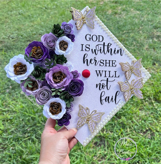 Custom Personalized Graduation Cap Topper White & Purple flowers with gold butterflies
