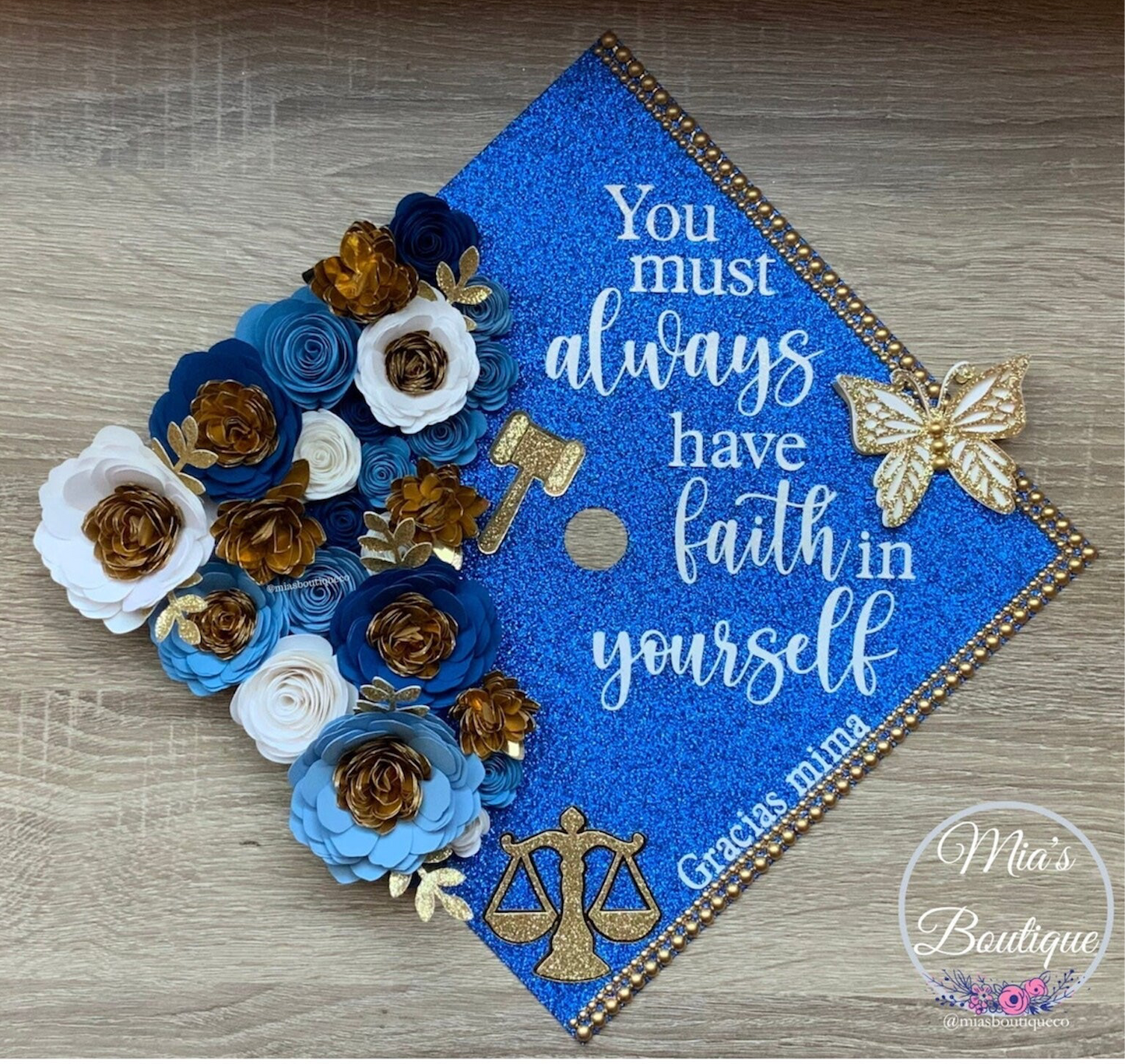 Custom Law Graduation Cap Topper Criminal Justice Blue Floral Sunflowers Gold Butterfly