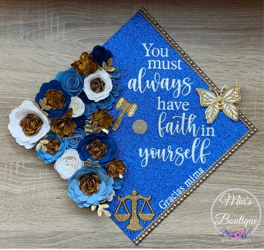 Custom Law Graduation Cap Topper Criminal Justice Blue Floral Sunflowers Gold Butterfly
