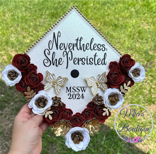 Custom Personalized Graduation Cap Topper, White Burnt Orange Flowers Gold Butterflies