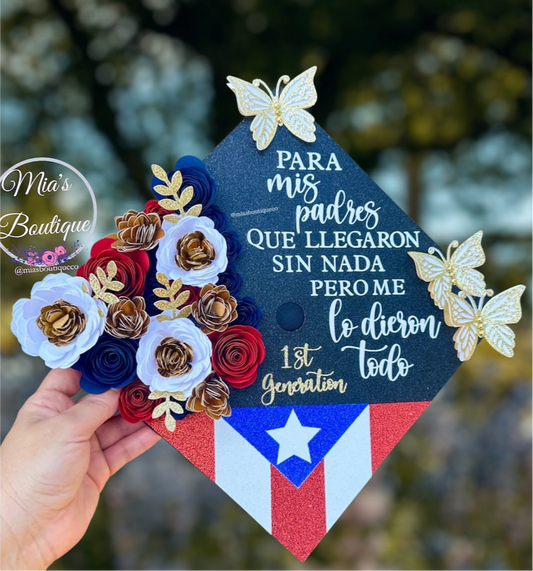 Custom Personalized Puerto Rico Graduation Cap Topper Flowers Gold Butterflies