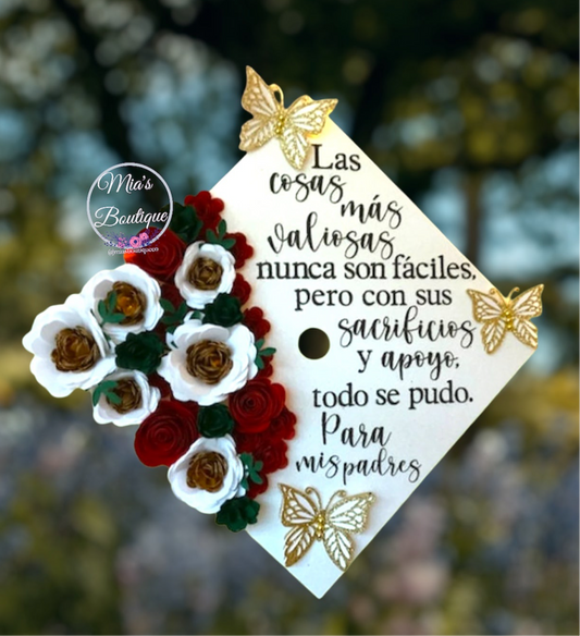 Custom Personalized Mexican Graduation Cap Topper floral sunflowers red flowers with gold butterflies