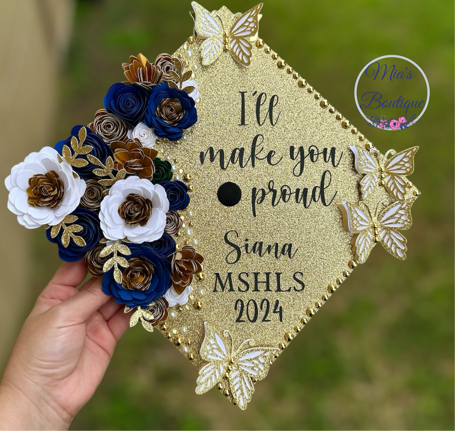 Graduation Cap Topper Gold White and Navy Flowers Butterflys Grad Cap