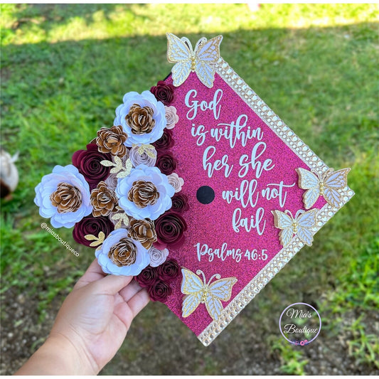 Custom Personalized Graduation Cap Topper Burgundy, White & Gold flowers with gold butterflies