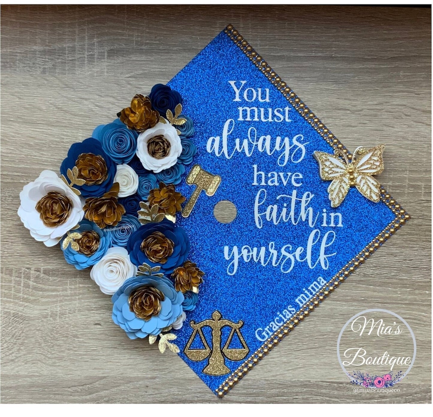 Custom Law Graduation Cap Topper Criminal Justice Blue Floral Sunflowers Gold Butterfly