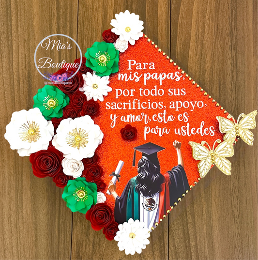Custom Mexican Heritage Graduation Cap Topper Floral Sunflowers Gold Butterflies Para Mis Padres