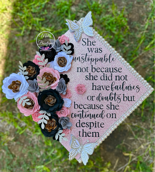 Custom Personalized Graduation Cap Topper,White flowers, Black, Silver flowers & Butterflies