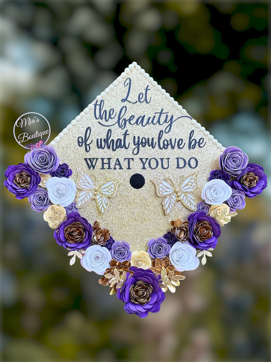 Custom Personalized Graduation Cap Topper Purple shades & Gold flowers with gold butterflies