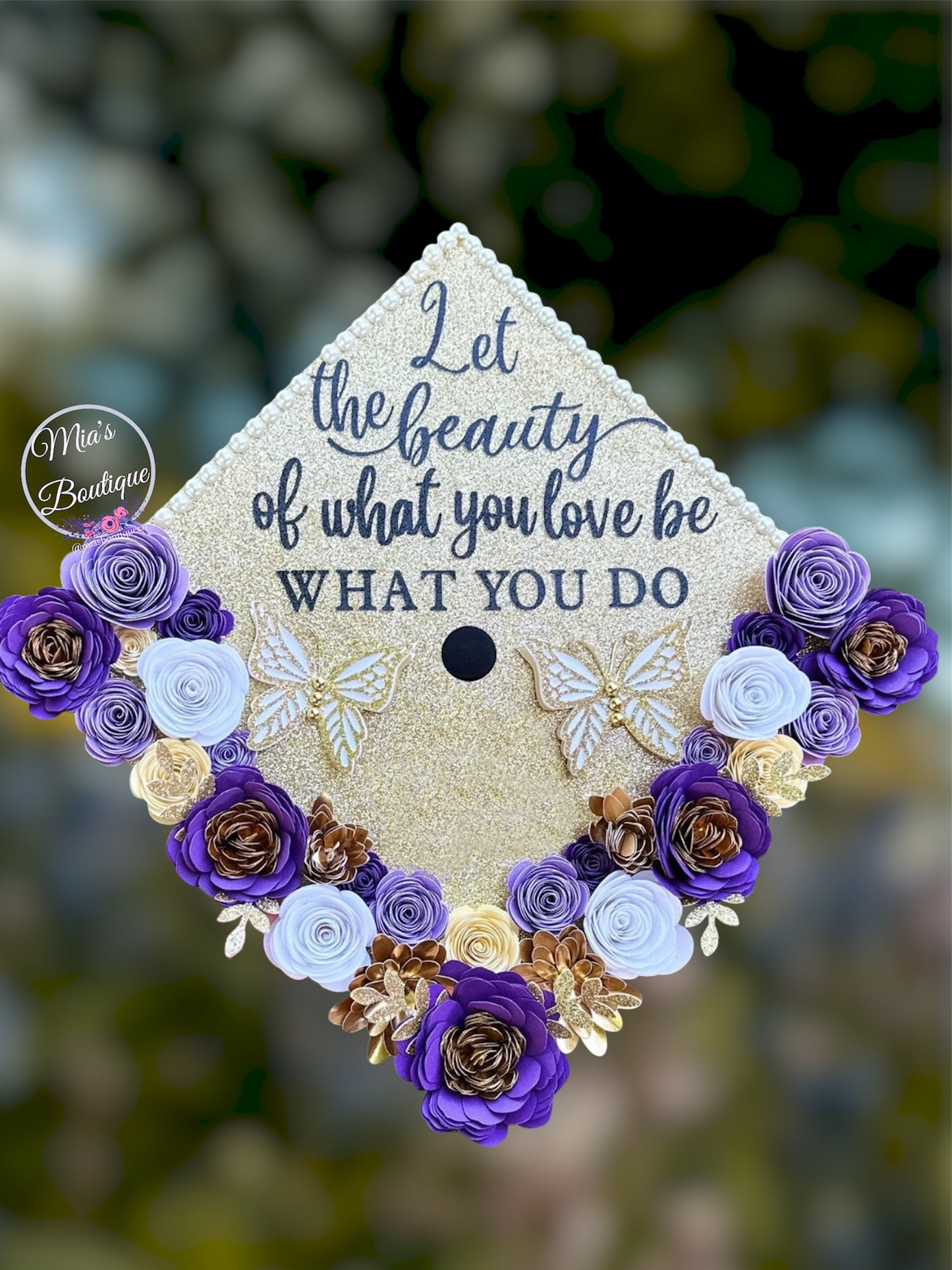 Custom Personalized Graduation Cap Topper Purple shades & Gold flowers with gold butterflies