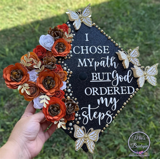 Graduation Cap Topper Custom Personalized Graduation Cap Burnt Orange Flowers Gold Butterflies