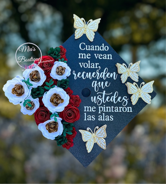 Custom Personalized Mexican Graduation Cap Topper with message Para Mis Padres Floral Sunflower and gold butterflies by Mias Boutique