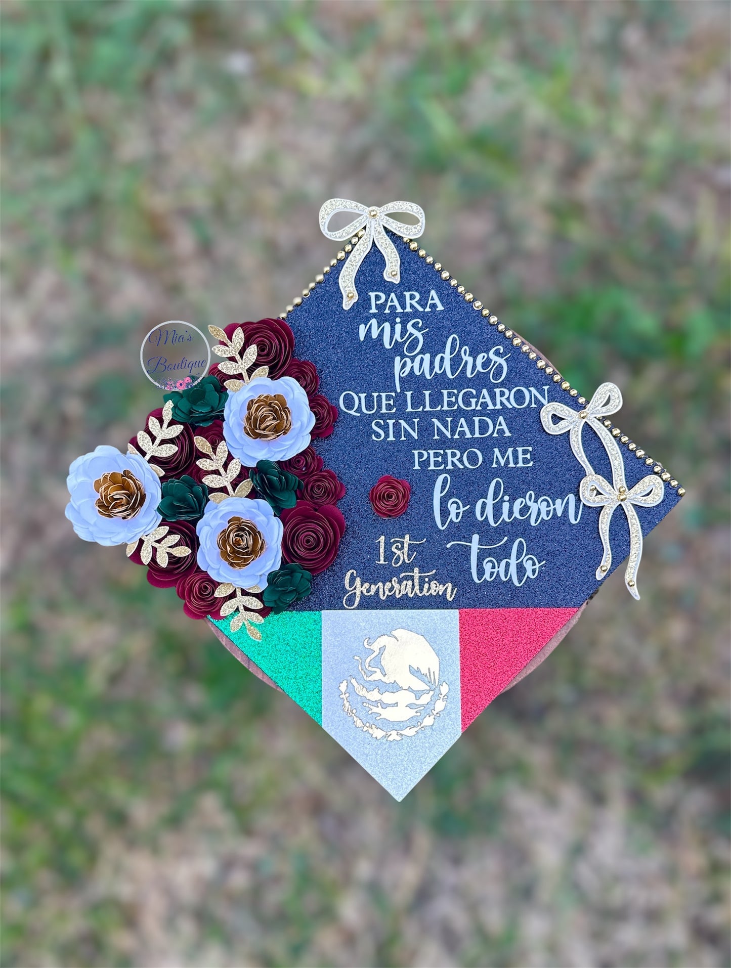 Custom Personalized Mexico Graduation Cap Topper Flowers Sunflowers Roses Gold Butterflies Para Mis Padres message Maroon Flowers White Green