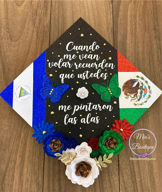 Custom Nicaragua Graduation Cap Topper Nicaraguan Floral Sunflower and gold butterflies