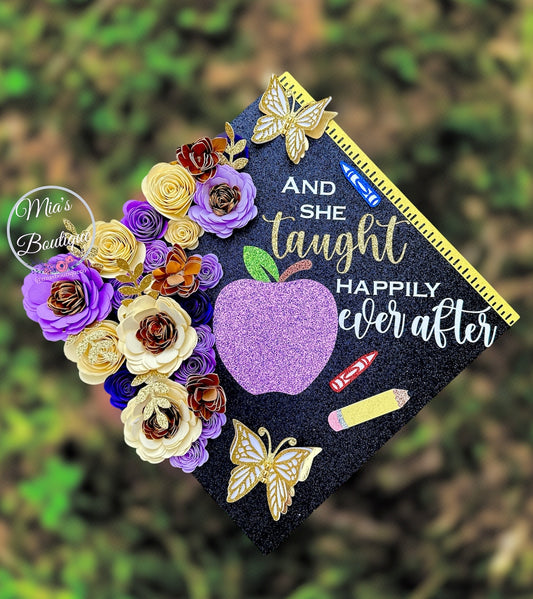 Graduation Cap Topper Teacher Purple, cream flowers
