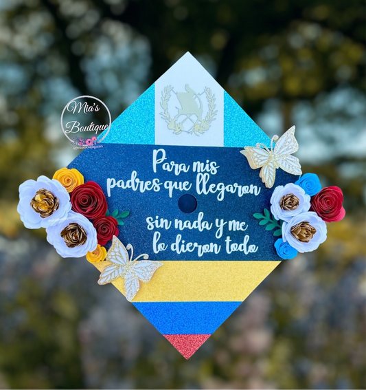 Custom Personalized Colombia Graduation Cap Topper Floral sunflowers roses and gold butterflies Colombian Heritage and Guatemala Graduation Cap