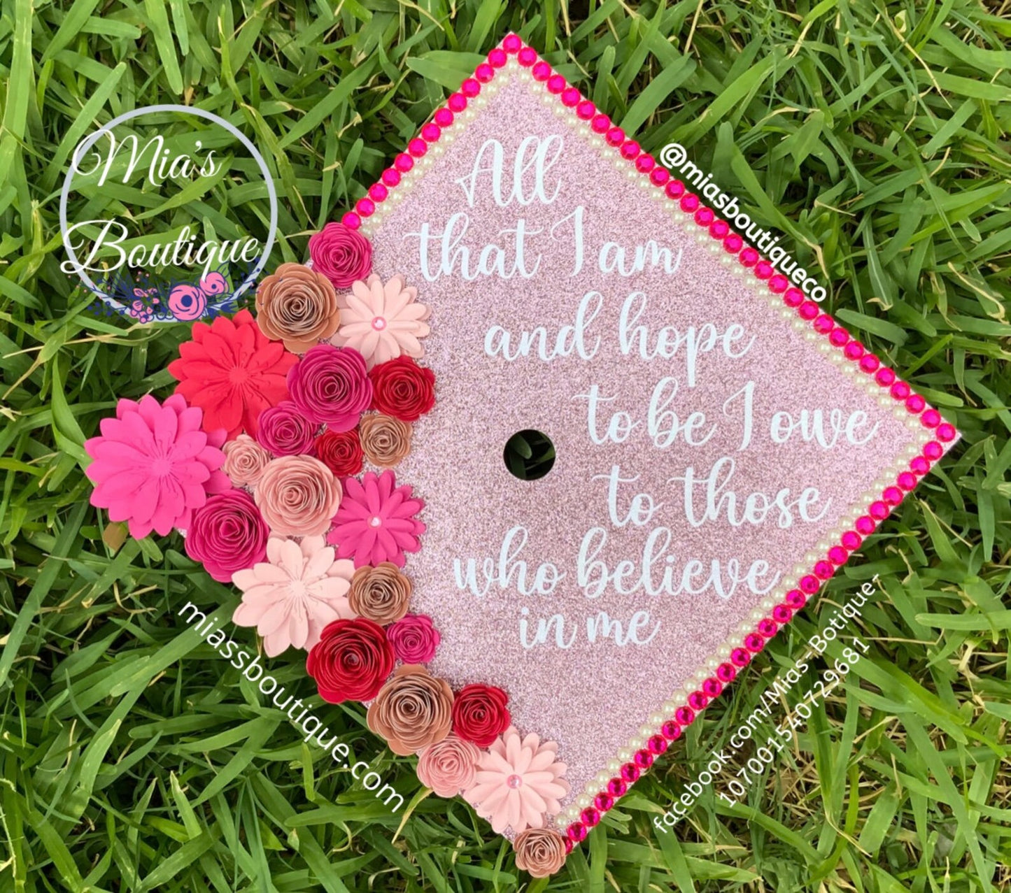 Custom Personalized Graduation Cap Topper Pink shades & Gold flowers with gold butterflies