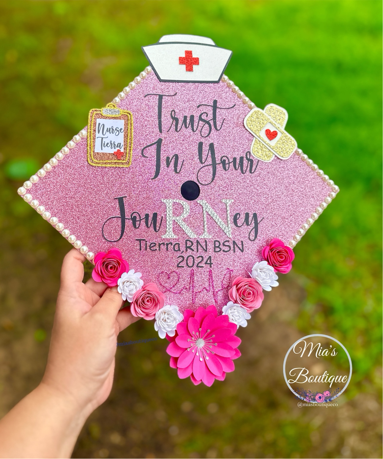 Custom Nurse RN Graduation Cap Topper Trust in Your Journey Grad Cap Gift Decoration Decor Glitter Pink Gold Rose RN