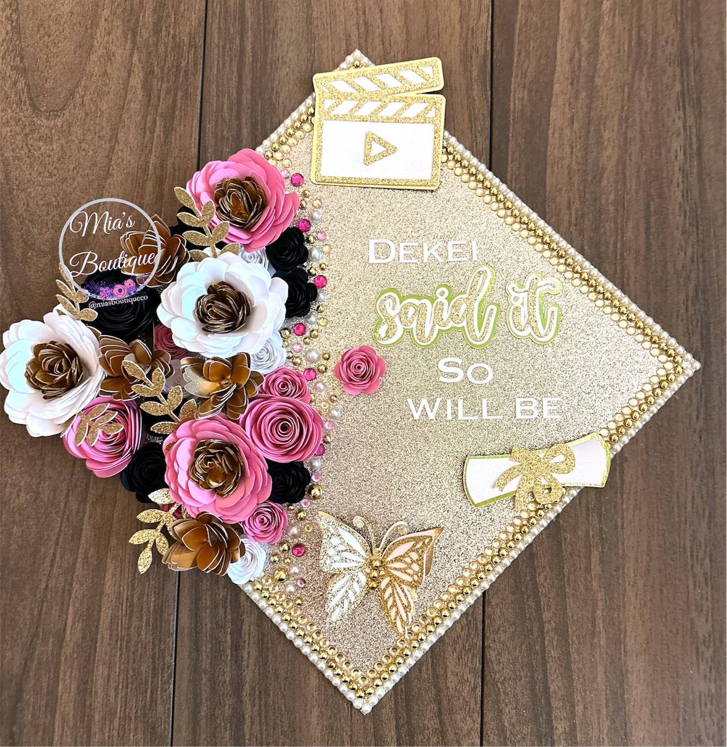 Custom Graduation Cap Topper Pink Black Floral Sunflowers Gold Butterfly