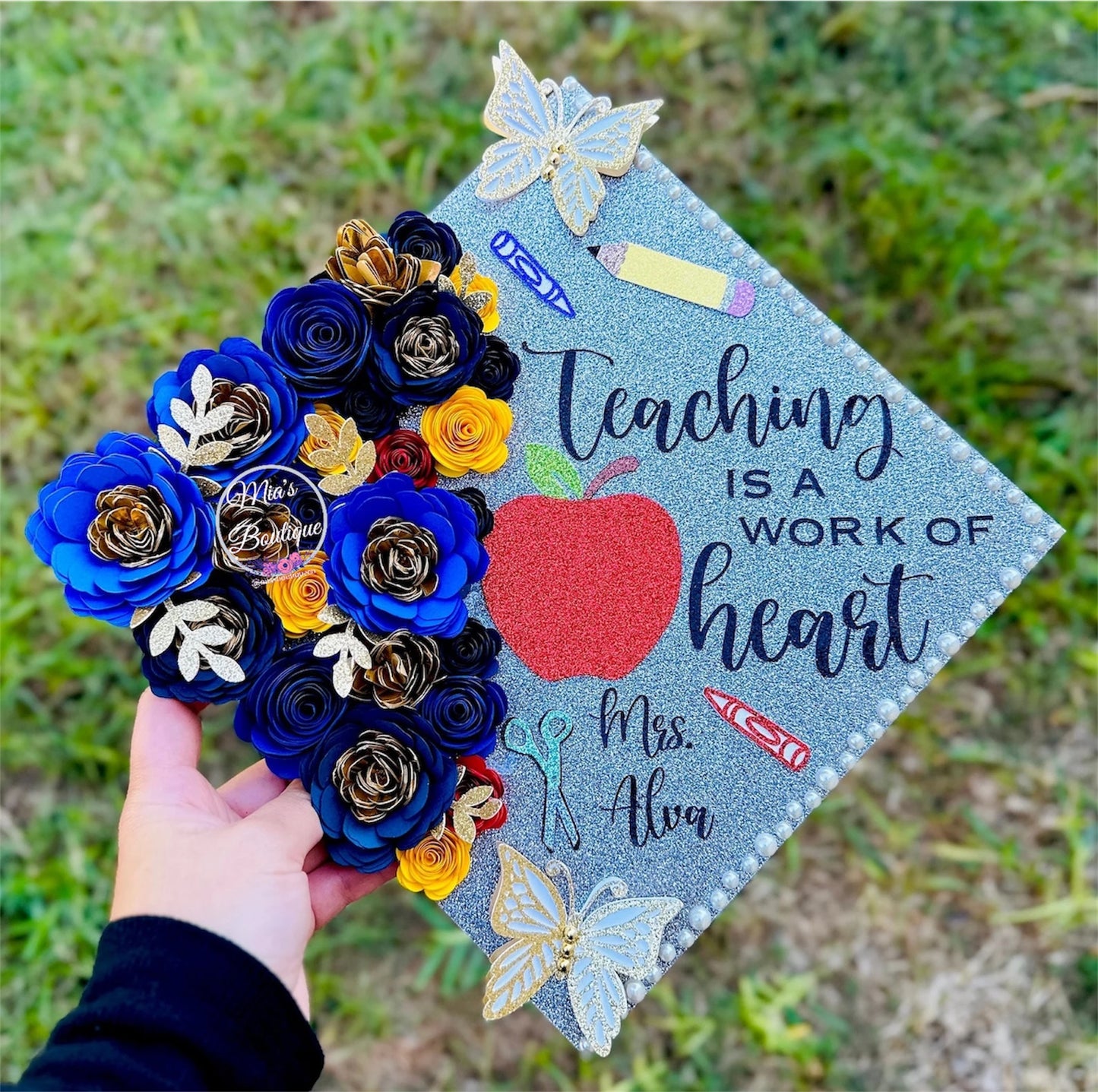 Custom Personalized Graduation Cap Topper Teacher Blue shades & Gold flowers with gold butterflies