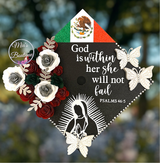 Custom Mexican Graduation Cap Topper Floral Silver Sunflower Roses Silver Butterfly