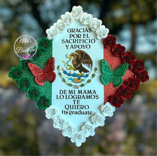 Custom Mexican Graduation Cap Topper Floral Sunflower Roses 
Mexican Heritage Country