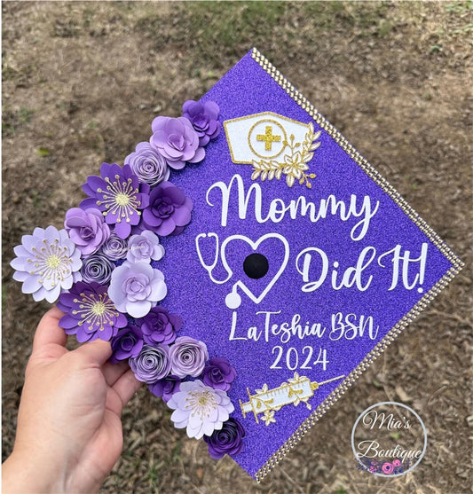 Nurse Graduation Cap Topper Sunflowers Purple Flowers Gold Butterflies Nurse Hat and Gold Syringe