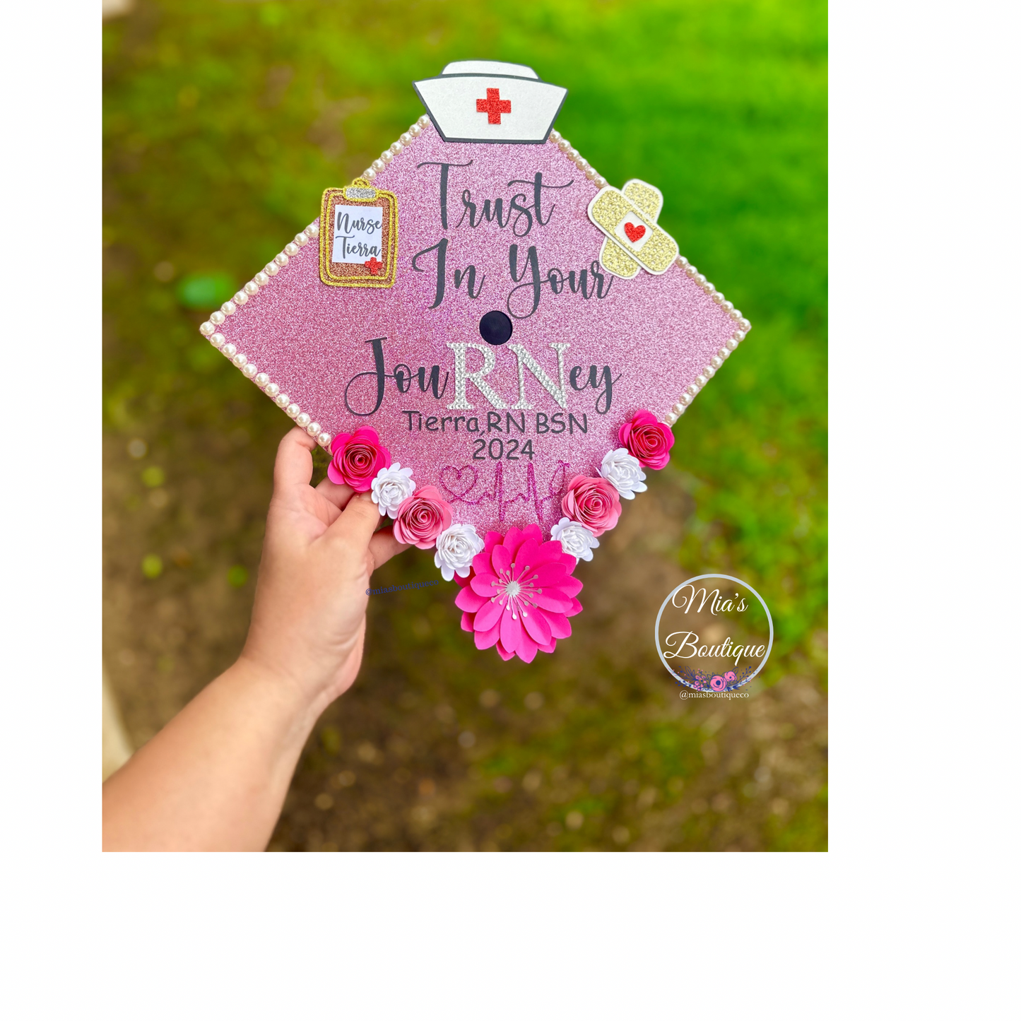 Custom Nurse RN Graduation Cap Topper Trust in Your Journey Grad Cap Gift Decoration Decor Glitter Pink Gold Rose RN