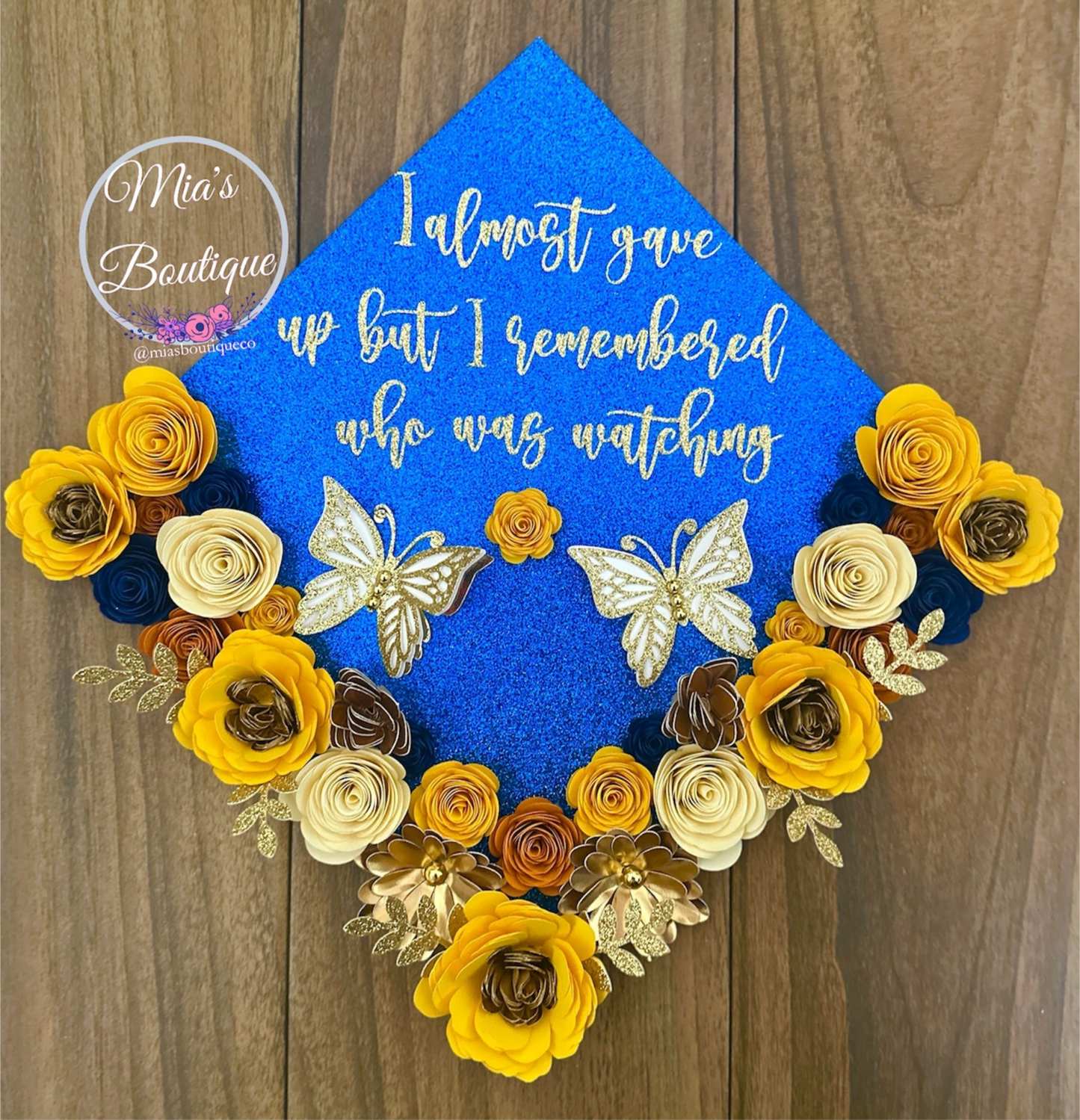 Custom Personalized Graduation Cap Topper Sunflowers Yellow Blue Gold Butterflies