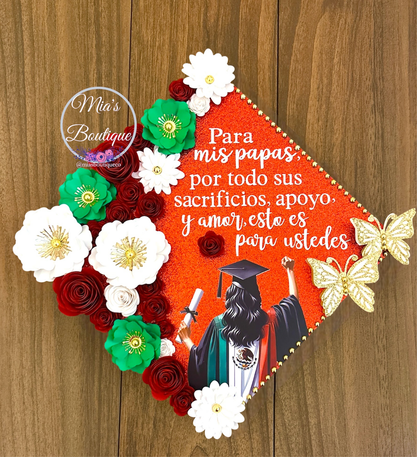 Custom Mexican Heritage Graduation Cap Topper Floral Sunflowers Gold Butterflies Para Mis Padres