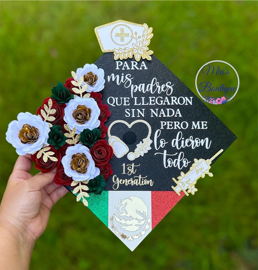 Custom Personalized Mexican Graduation Cap Topper Nurse Floral sunflowers Nurse Hat and Gold Syringe, Para Mis Padres