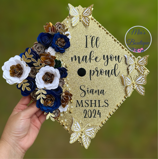 Graduation Cap Topper Gold White and Navy Flowers Butterflys Grad Cap