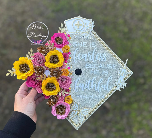 Custom Personalized Graduation Cap Topper Nurse Sunflowers Pink Flowers Gold Butterflies Nurse Hat and Gold Syringe, Nurse Student Nurse Hat