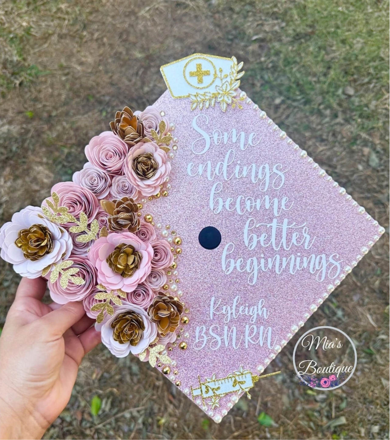 Custom Personalized Graduation Cap Topper Nurse Sunflowers Pink Flowers Gold Butterflies Nurse Hat and Gold Syringe, Nurse Student Nurse Hat