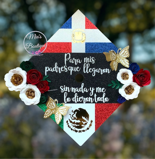 Custom Personalized Dominican Republic Graduation Cap Topper, Dominican Republic & Mexico Graduation Cap with flowers