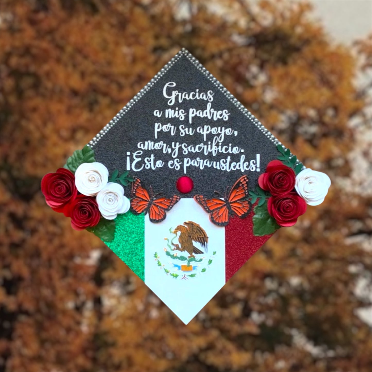 Custom Personalized Mexican Graduation Cap Topper with Floral Sunflower and Monarch butterfly’s Mexico Heritage Graduation Cap Topper