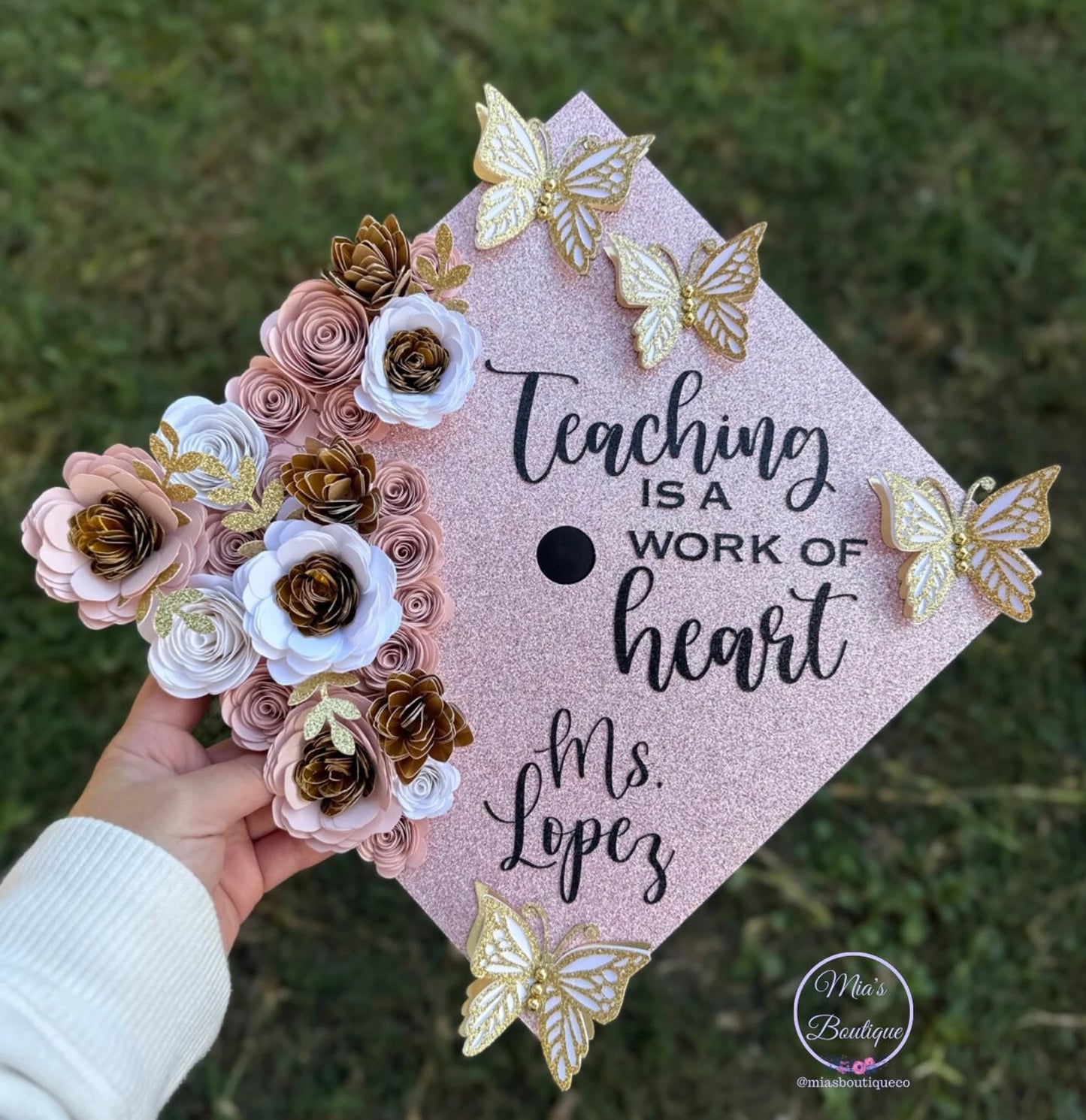 Custom Personalized Graduation Cap Topper Teacher Pink shades & Gold flowers with gold butterflies