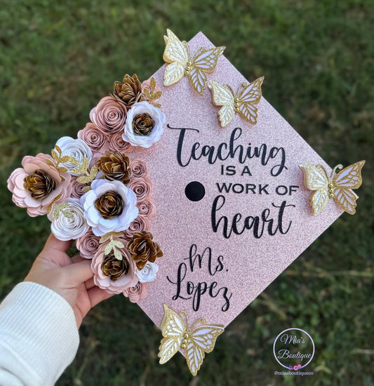 Custom Personalized Graduation Cap Topper Teacher Pink shades & Gold flowers with gold butterflies