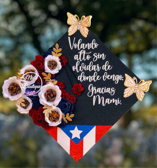 Custom Puerto Rico Graduation Cap Topper Floral Sunflowers Roses Butterflies Puertorican Graduation Cap Topper