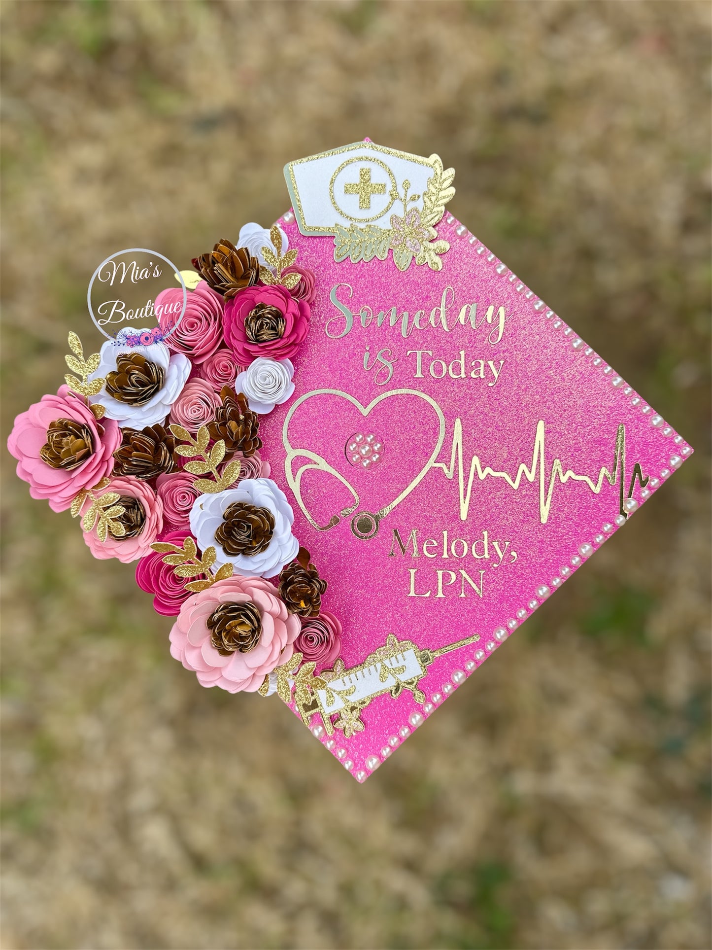 Custom personalized nurse graduation cap pink goldflowers sunflowers roses