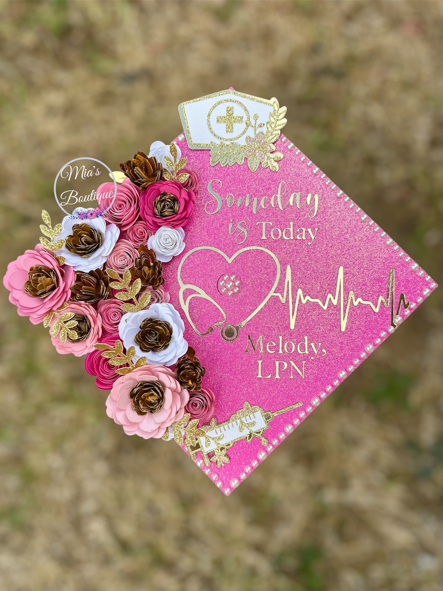 Custom personalized nurse graduation cap pink goldflowers sunflowers roses