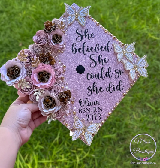 Custom Personalized Graduation Cap Topper Nurse Sunflowers Pink Flowers Gold Butterflies