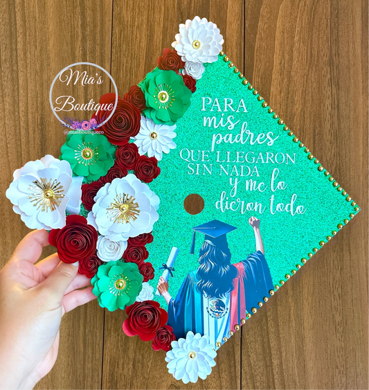 Custom Mexican Graduation Cap Topper Para Mis
Padres Gold Butterflies Mexican Country Heritage Graduation Cap With Flowers 
Sunflower Roses Nurse
