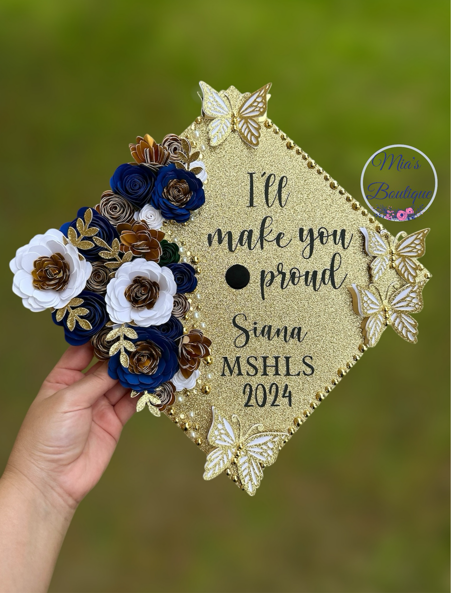 Graduation Cap Topper Gold White and Navy Flowers Butterflys Grad Cap