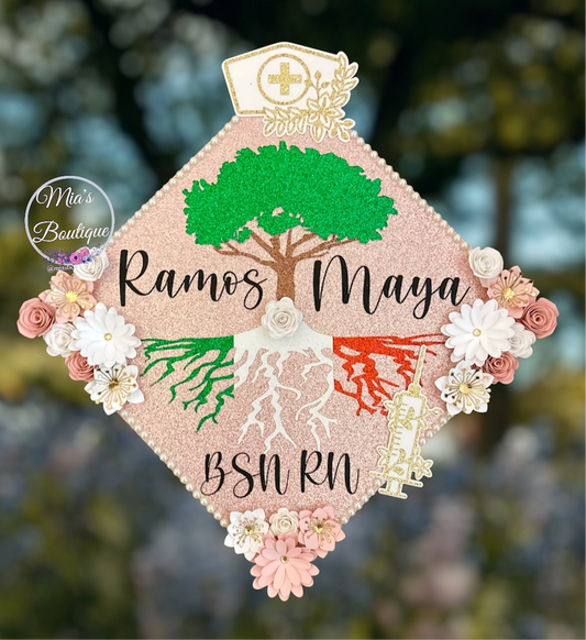 Custom Personalized Mexican Graduation Cap Topper Nurse Sunflowers Pink Flowers Nurse Hat and Gold Syringe Para Mis Padres