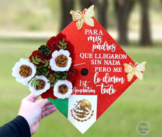 Custom Personalized Graduation Cap Topper Mexican White, Red and Green flowers with gold butterflies