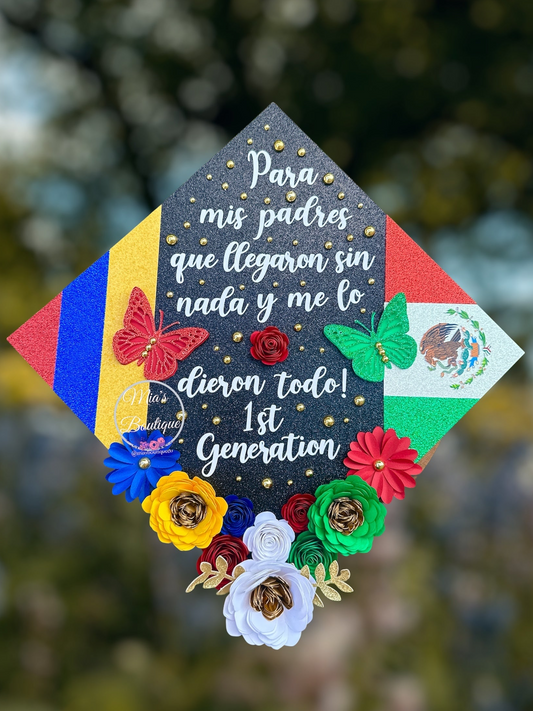 Custom Colombia and Mexican Graduation Cap Topper Floral Sunflower Colombia Flag Hispanic Para Mis Padres