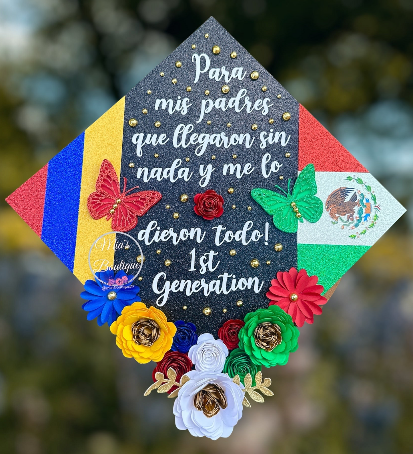 Custom Colombia and Mexican Graduation Cap Topper Floral Sunflower Colombia Flag Hispanic Para Mis Padres