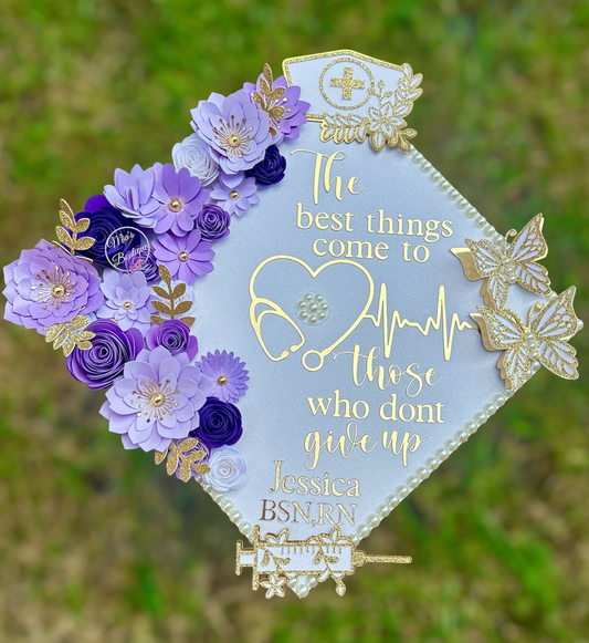 Custom Personalized Heart Stethoscope Nursing Is A Work Of Heart Nurse Graduation Cap Topper White Gold Flowers Gold Butterflies