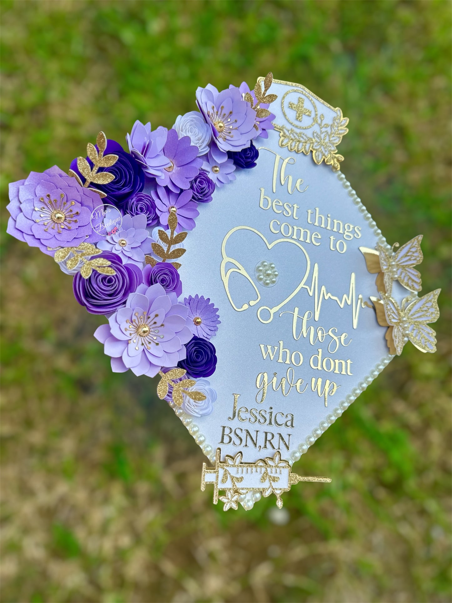 Custom Personalized Heart Stethoscope Nursing Is A Work Of Heart Nurse Graduation Cap Topper White Gold Flowers Gold Butterflies